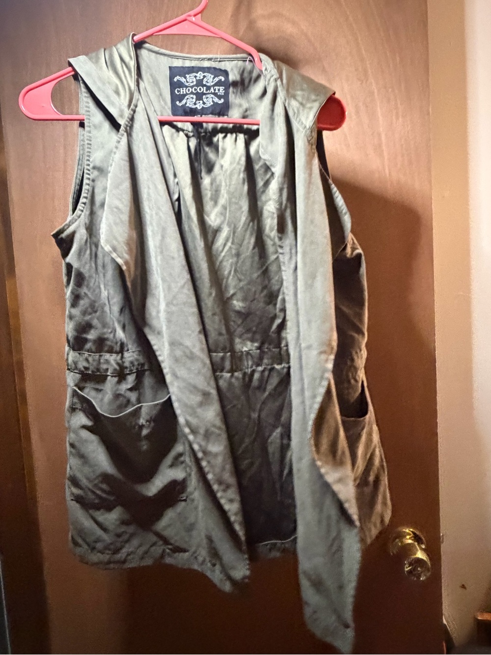 Chocolate Olive Green Hooded Sleeveless Vest size small